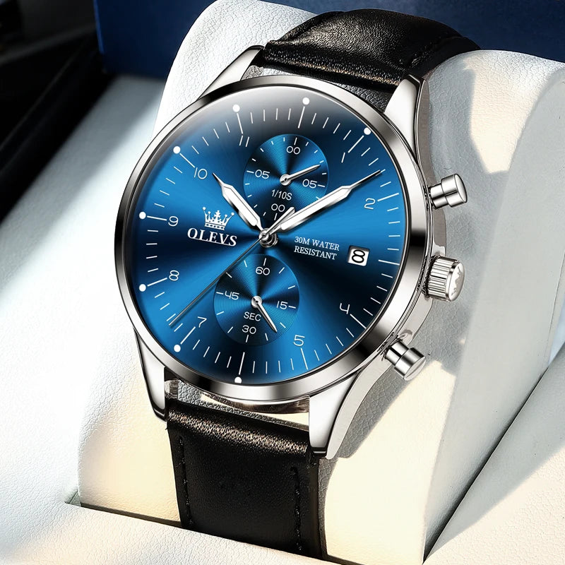Montre pour homme OLEVS 2880 – Chronographe élégant et épuré, bracelet en cuir, affichage automatique de la date, étanche, aiguilles luminescentes, mouvement à quartz.