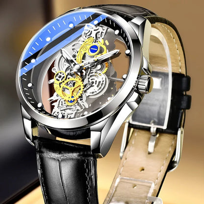 Divatos férfi karóra, kettős nyílású modell, luxus arany színű kivitel, mechanikus tourbillon-utánzat, kvarc szerkezet.
