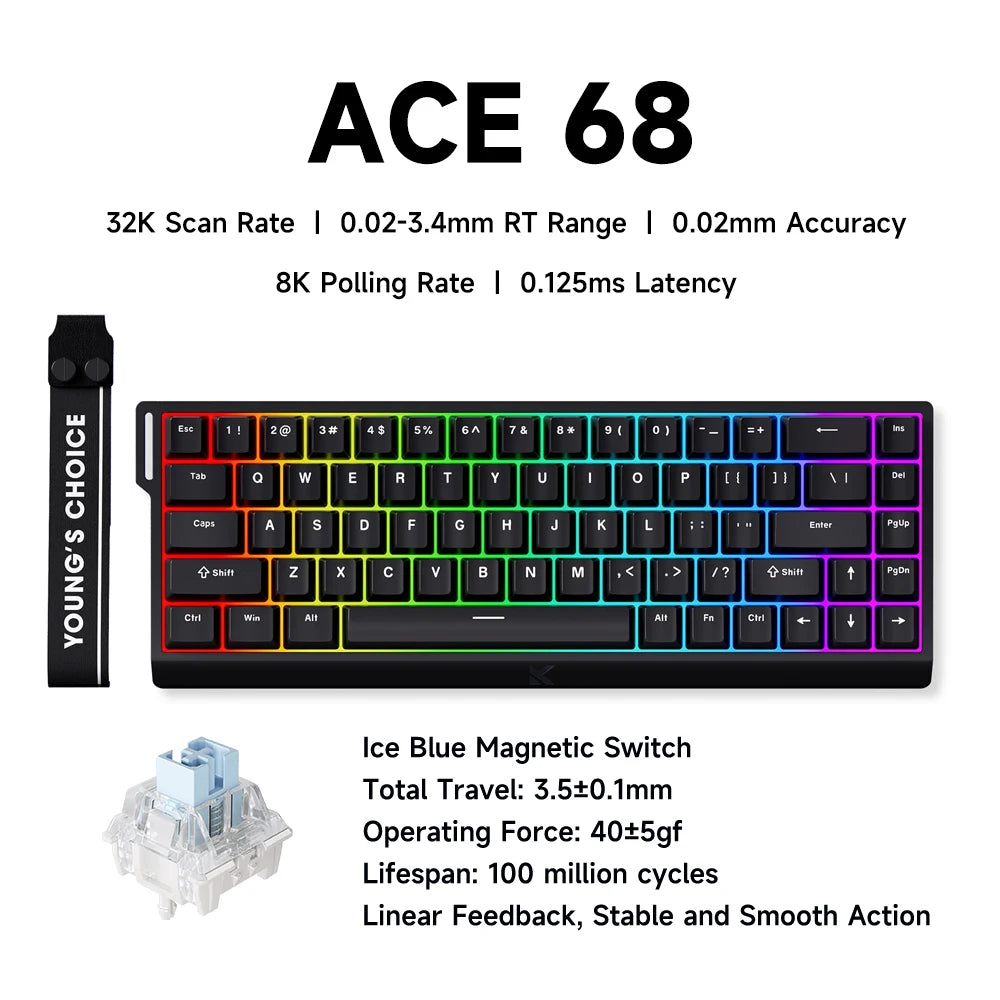 Teclado Gaming MCHOSE ACE 68 com Switches Magnéticos Hall Effect, Rapid Trigger, RGB Programável, 8K Hz, DKS/MT/TGL/RS/SOCD