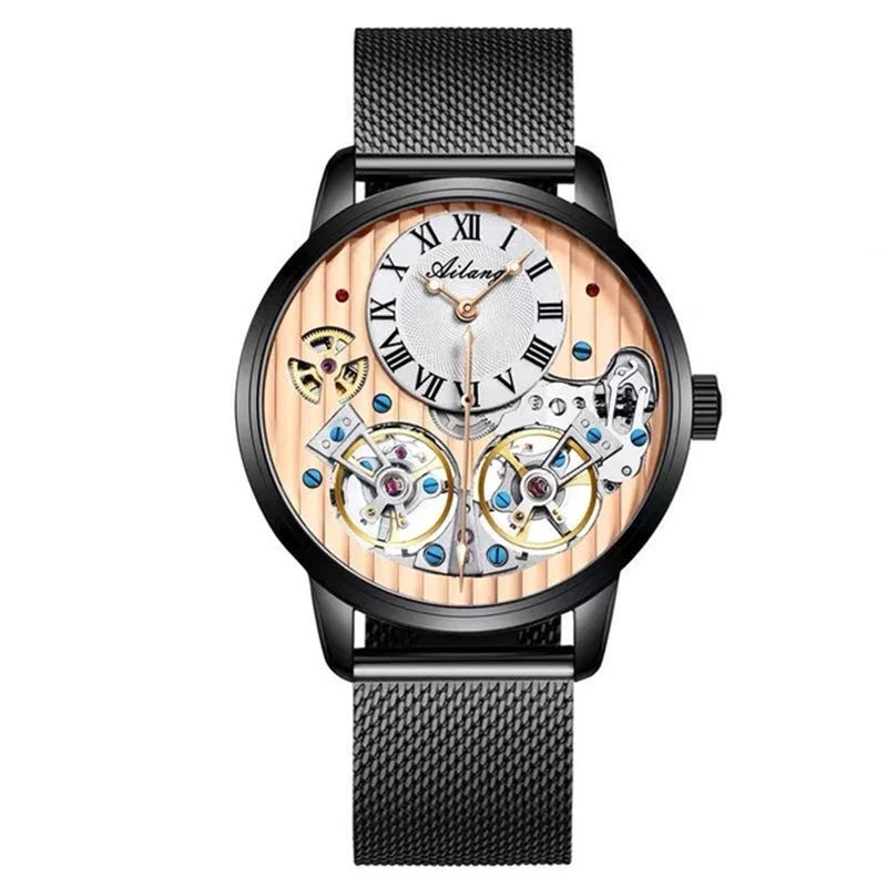 AILANG Top Brand Luxury Watch Men Automatic Luminous Black Clock Men Double Tourbillon Waterproof Mechanical Watch Relogio