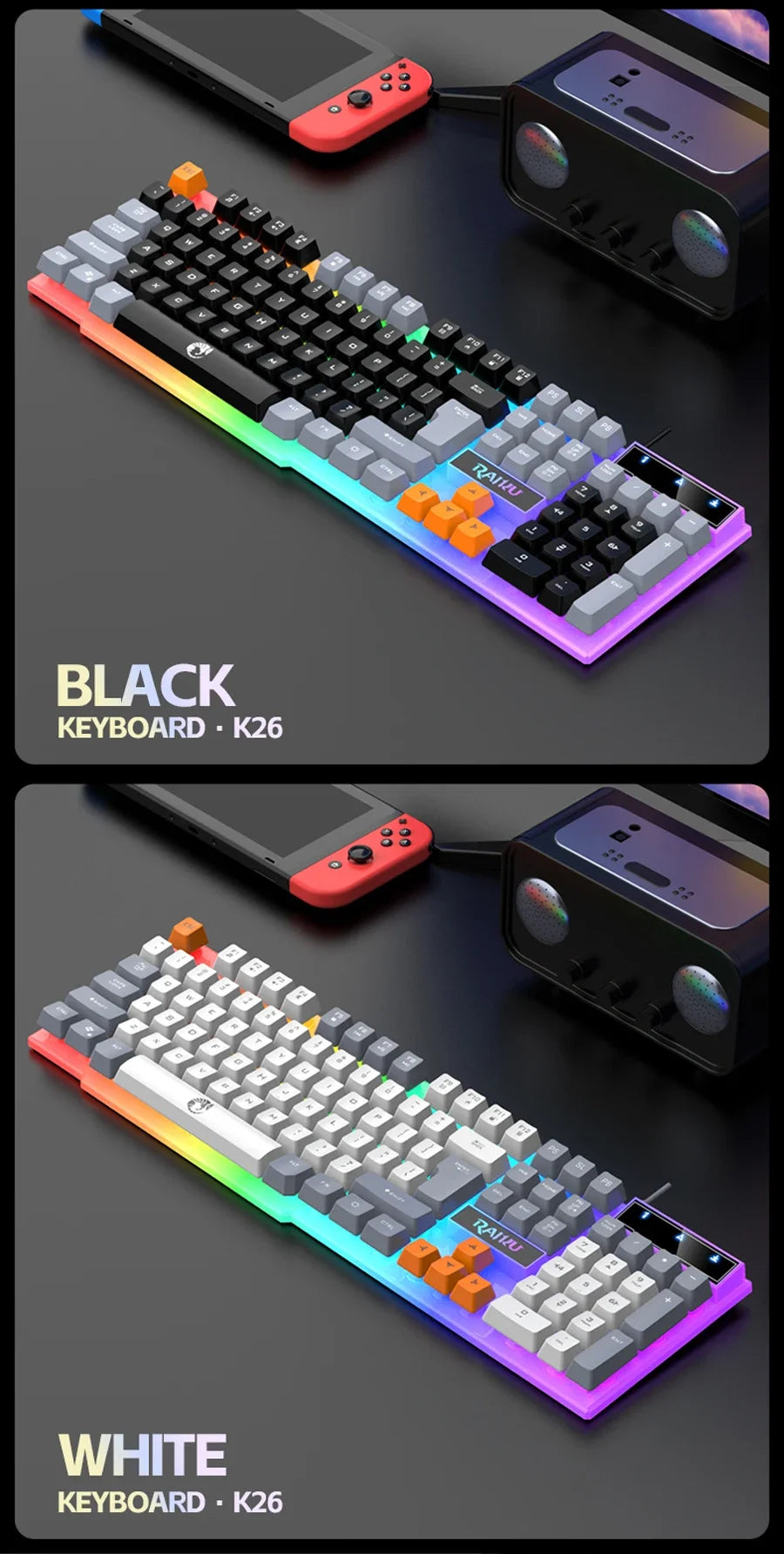 Teclado individual e conjunto teclado + rato RAIKU T26 de três tons com iluminação, teclado e rato com fios, toque mecânico, conjunto gaming