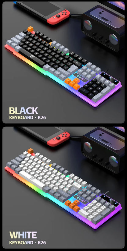 Teclado individual e conjunto teclado + rato RAIKU T26 de três tons com iluminação, teclado e rato com fios, toque mecânico, conjunto gaming