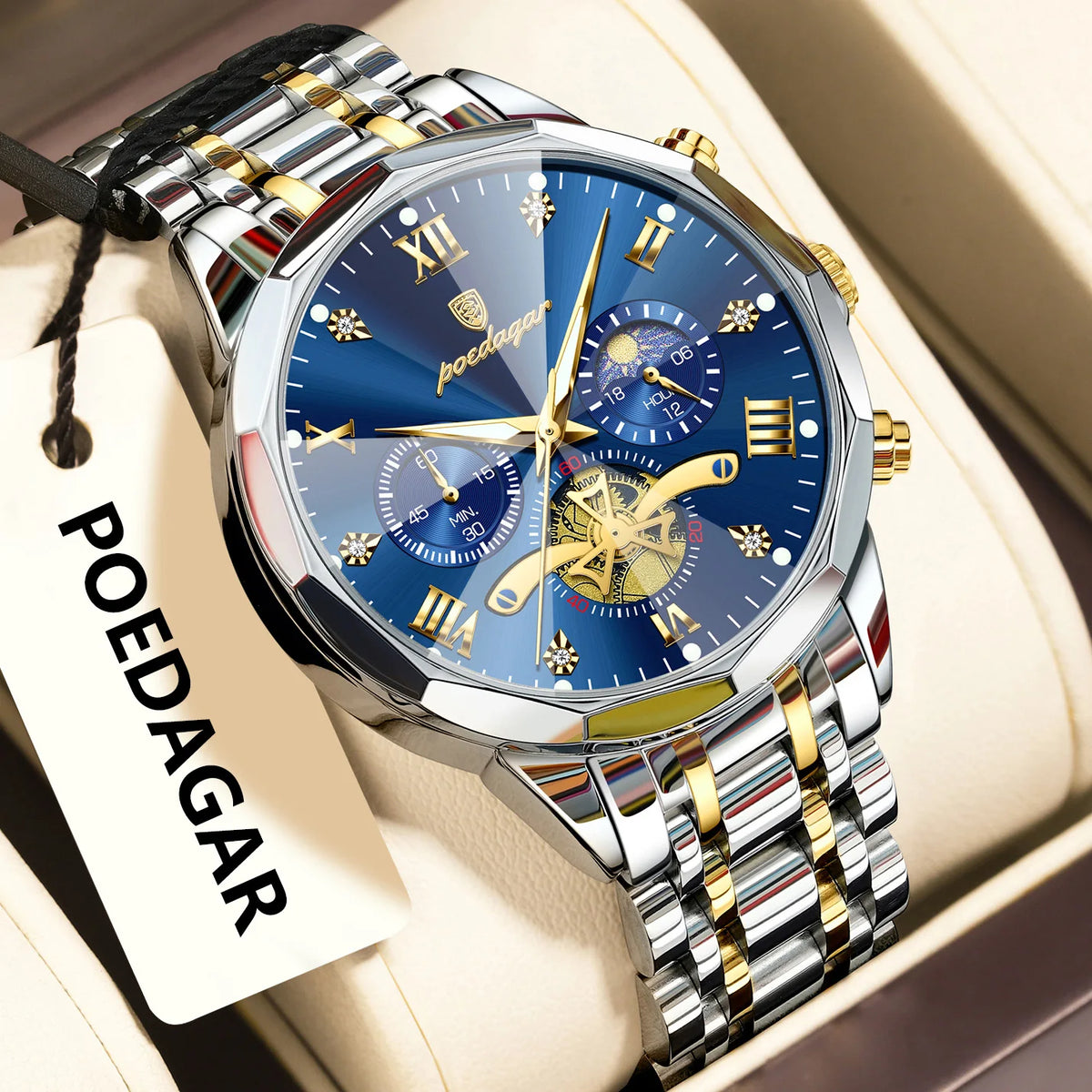 Original luxury POEDAGAR men’s watch, water-resistant, luminous chronograph, stainless steel quartz wristwatch, high-end men’s watches