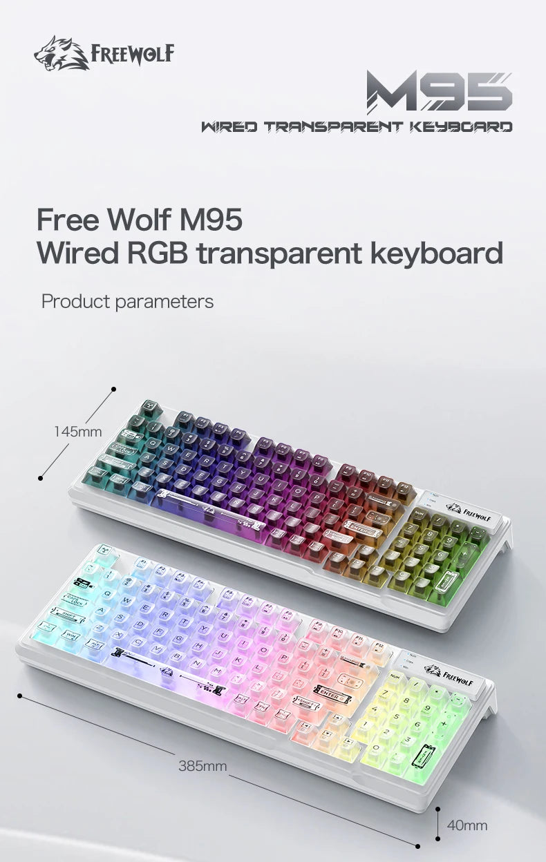 FREEWOLF M95 Kabelgebundene Tastatur mit transparentem RGB-Design, ideal für verschiedene Einsatzbereiche wie Gaming und Büroarbeit