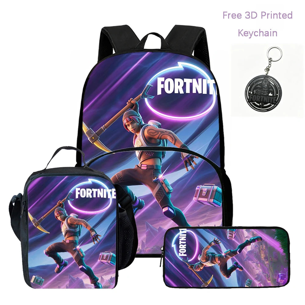 Zaino FORTNITE leggero 3 pezzi con tasca frontale, borsa pranzo, astuccio e portachiavi 3D stampato gratuito per bambini e bambine dai 5 ai 10 anni