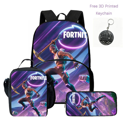 Zaino FORTNITE leggero 3 pezzi con tasca frontale, borsa pranzo, astuccio e portachiavi 3D stampato gratuito per bambini e bambine dai 5 ai 10 anni
