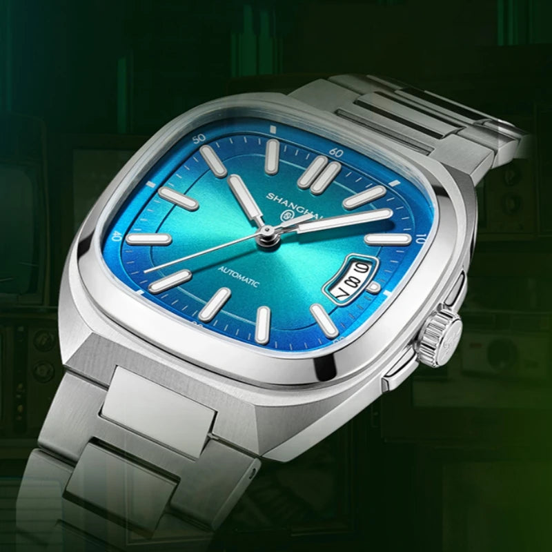Shanghai Watch Automatic Mechanical Square Dial Men's Watch Luminous Water-Resistant to 50m Date Display Casual Wristwatch SH018