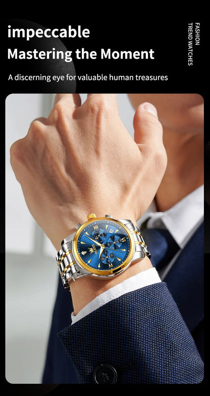 OLEVS 3639 Top Brand Original Luxury New Quartz Watch Stainless Steel Watch For Men Waterproof Luminous Moon Phase Mens Watch