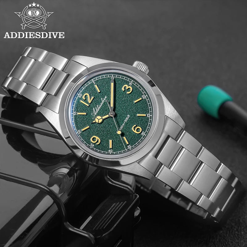 Relógio para homem ADDIESDIVE 36mm em destaque AD2518 com vidro espelhado convexo, aço inoxidável 316L, Reloj Hombre, 100m à prova de água, quartzo