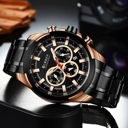 CURREN férfi kronográf óra, 48 mm-es nagy számlap, rozsdamentes acél karkötő, három kis számlap, kvarc sportkaróra, luxus stílus