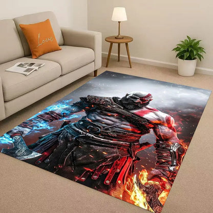 Game God of War Kratos Cartoon Gamer Living Room Non-Slip Area Rug Soft Carpet for Bedroom Playroom Sofa,Easy Clean Home Doormat