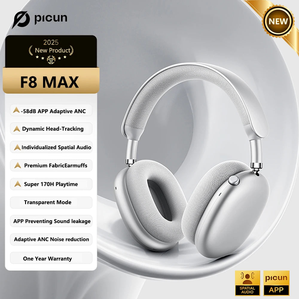 Auscultadores Sem Fios Picun F8MAX ANC com Cancelamento Ativo de Ruído Híbrido de 59dB, Áudio Espacial, Bluetooth 6.0, Over Ear, 180H
