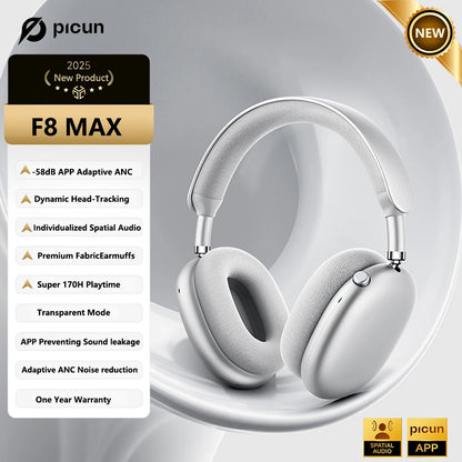 Auscultadores Sem Fios Picun F8MAX ANC com Cancelamento Ativo de Ruído Híbrido de 59dB, Áudio Espacial, Bluetooth 6.0, Over Ear, 180H