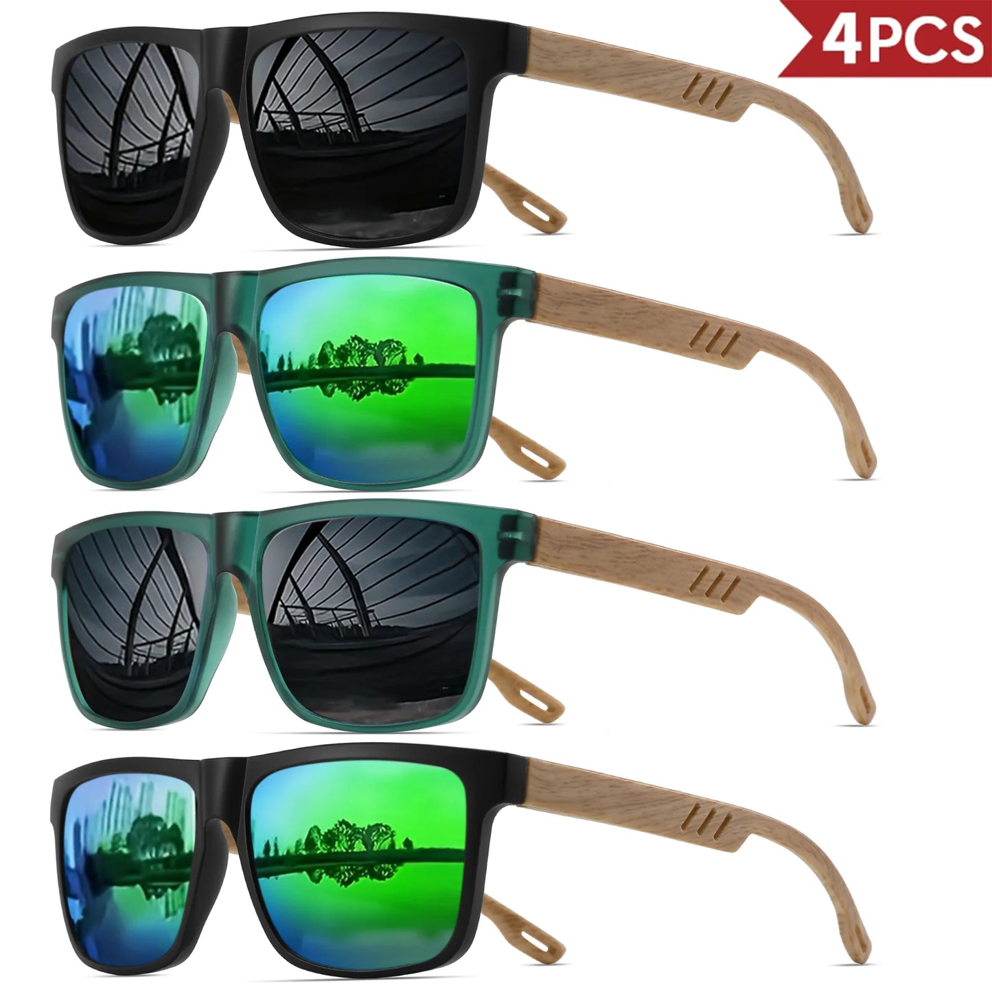 4PCS Wood Grain Spring Hinge Sunglasses - Classic Retro Square Frame, UV400 Unisex Comfort Fit for Daily Casual Wear