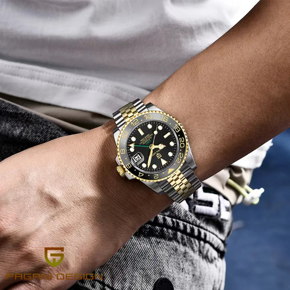 Mechanisch herenhorloge Pagani Design GMT – Luxemodel met saffierglas, roestvrijstalen kast en keramische lunette – Automatisch herenhorloge, zakelijke stijl
