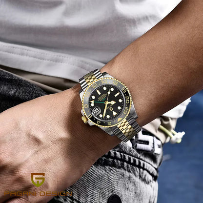 Mechanisch herenhorloge Pagani Design GMT – Luxemodel met saffierglas, roestvrijstalen kast en keramische lunette – Automatisch herenhorloge, zakelijke stijl