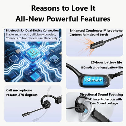 Open-Ear Bluetooth Headset with Noise-Reducing Boom Microphone – Lightweight Wireless Headphones for Office, Call Center & Truck Drivers