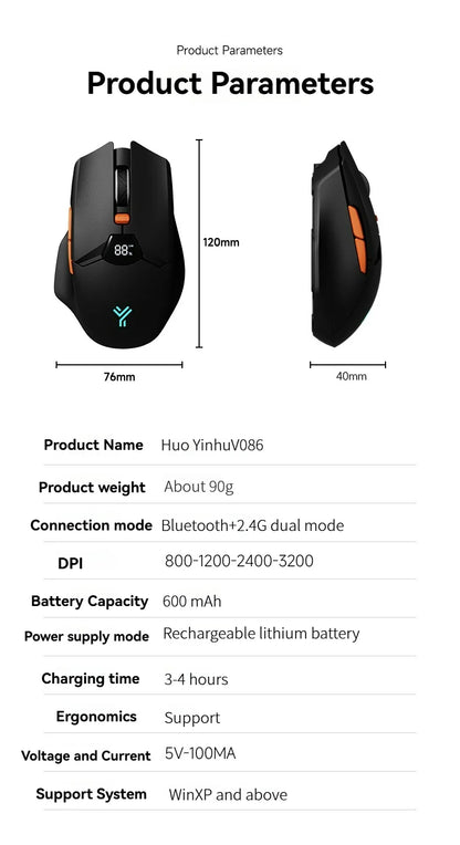Ratón inalámbrico Bluetooth 2.4G con pantalla de visualización, batería de gran capacidad de 600mAh y botones de tono luminoso para gaming y oficina