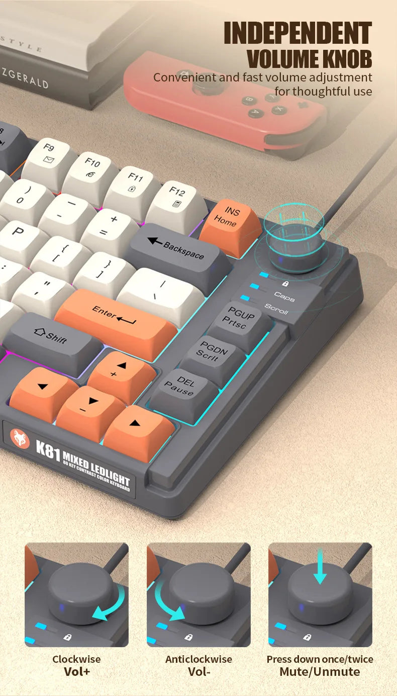 Teclado Gaming K81 com 81 Teclas, Layout 80%, Espanhol, Russo, Coreano e Árabe, USB com Fio, Luz RGB, Botão de Volume, Ergonómico