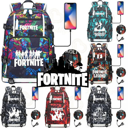 Mochila Yule Trooper F-Fortnited Battle Royale com carregamento USB, figuras anime e compartimento para material escolar para estudantes