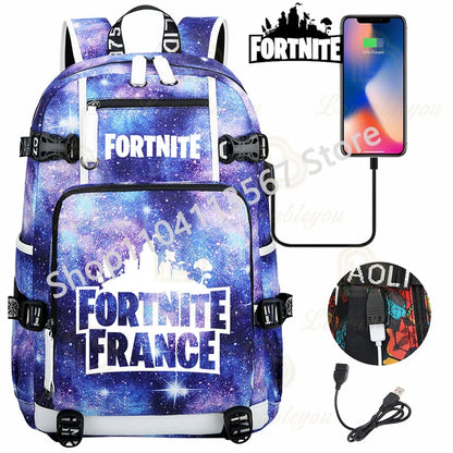 Mochila Yule Trooper F-Fortnited Battle Royale com carregamento USB, figuras anime e compartimento para material escolar para estudantes