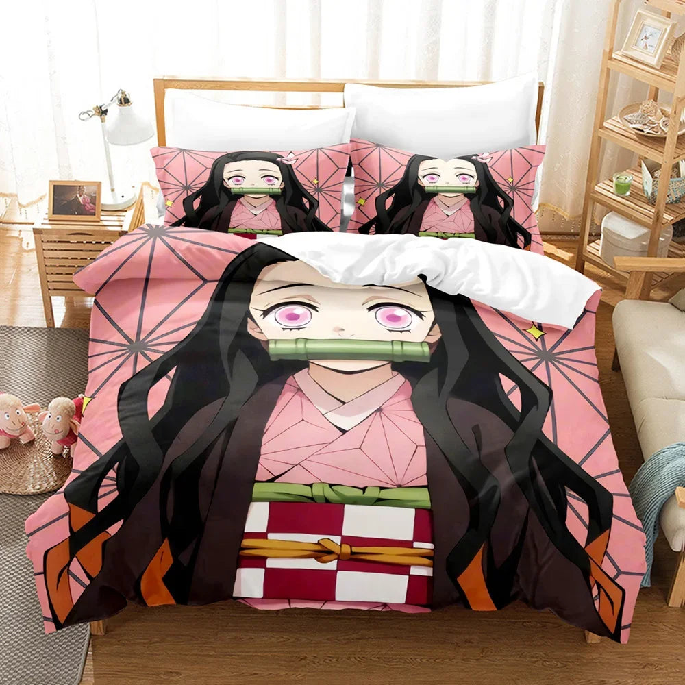 Nezuko Kamado patalynės komplektas, anime „Demon Slayer“ antklodės užvalkalas, patalynė, Single Twin Full Queen dydžiai, 3D dovana vaikams, mergaitėms ir berniukams