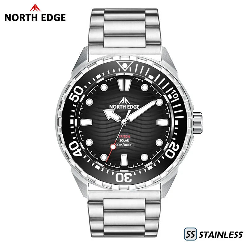 NORTH EDGE TRITON-TI Titanium Stainless Solar-Powered Diving Watch Luxury Quartz Watches For Men 300M Waterproof 180+ Day Power