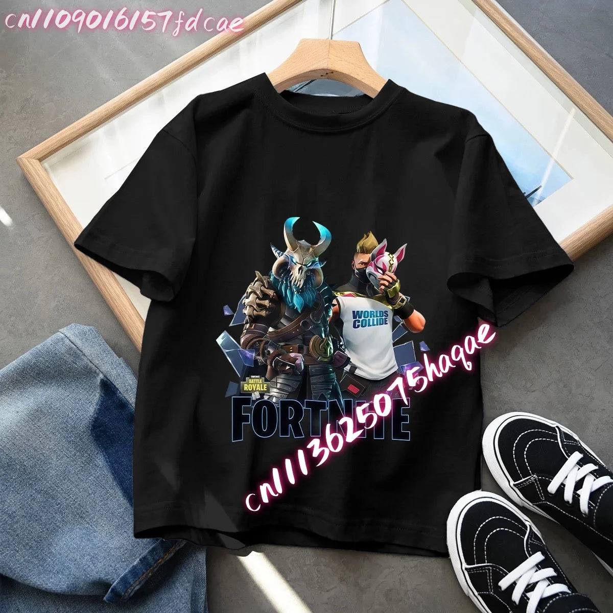 T-shirt preta em algodão para criança Fortnites Fortress Night, manga curta, estilo cartoon, para menino e menina, roupa de verão kawaii, top para oferta