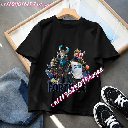 T-shirt preta em algodão para criança Fortnites Fortress Night, manga curta, estilo cartoon, para menino e menina, roupa de verão kawaii, top para oferta