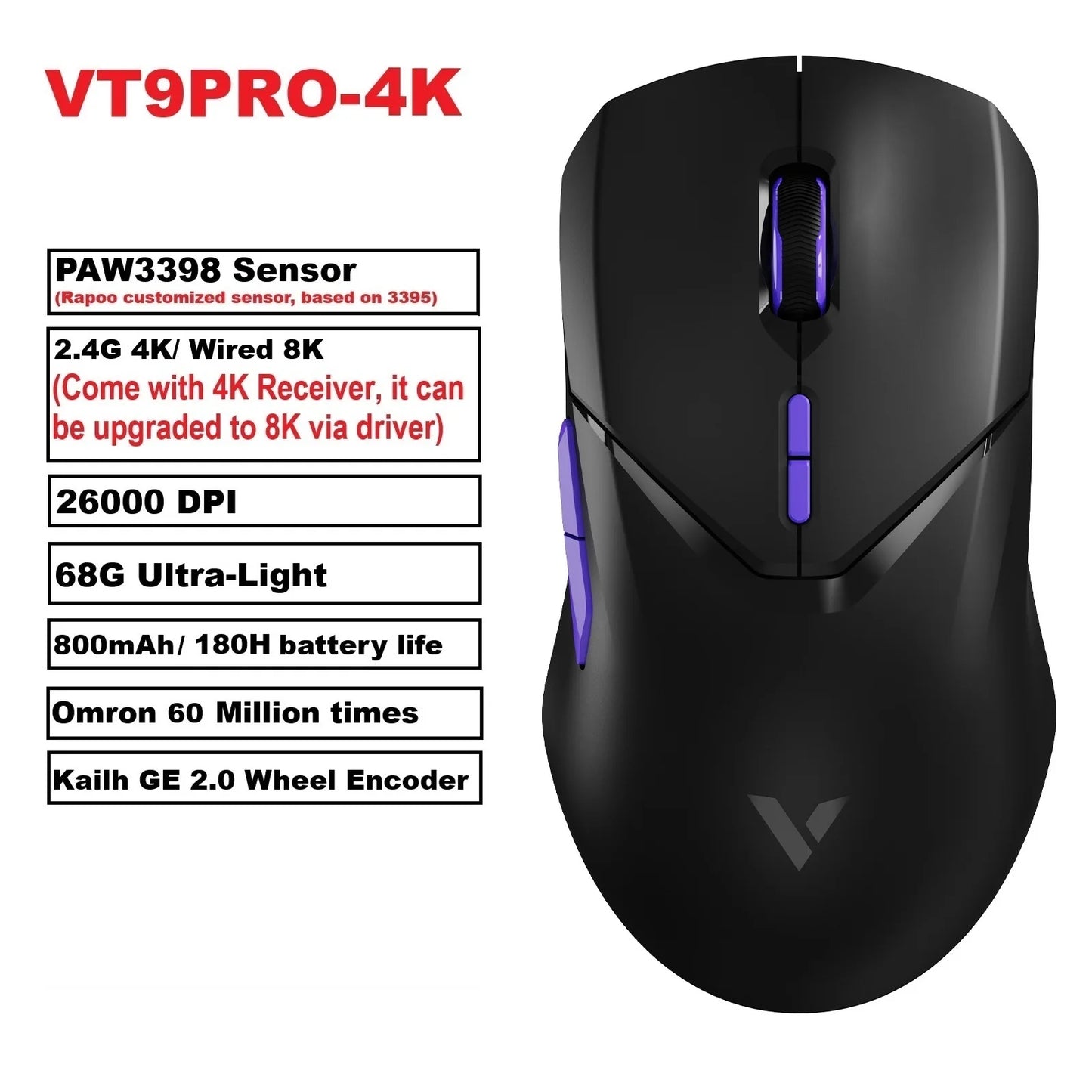Mouse da gaming wireless Rapoo VT9PRO PAW3398 68g cablato programmabile ergonomico 26000DPI Type C ricaricabile accessorio per PC gamer