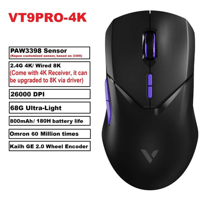 Mouse da gaming wireless Rapoo VT9PRO PAW3398 68g cablato programmabile ergonomico 26000DPI Type C ricaricabile accessorio per PC gamer
