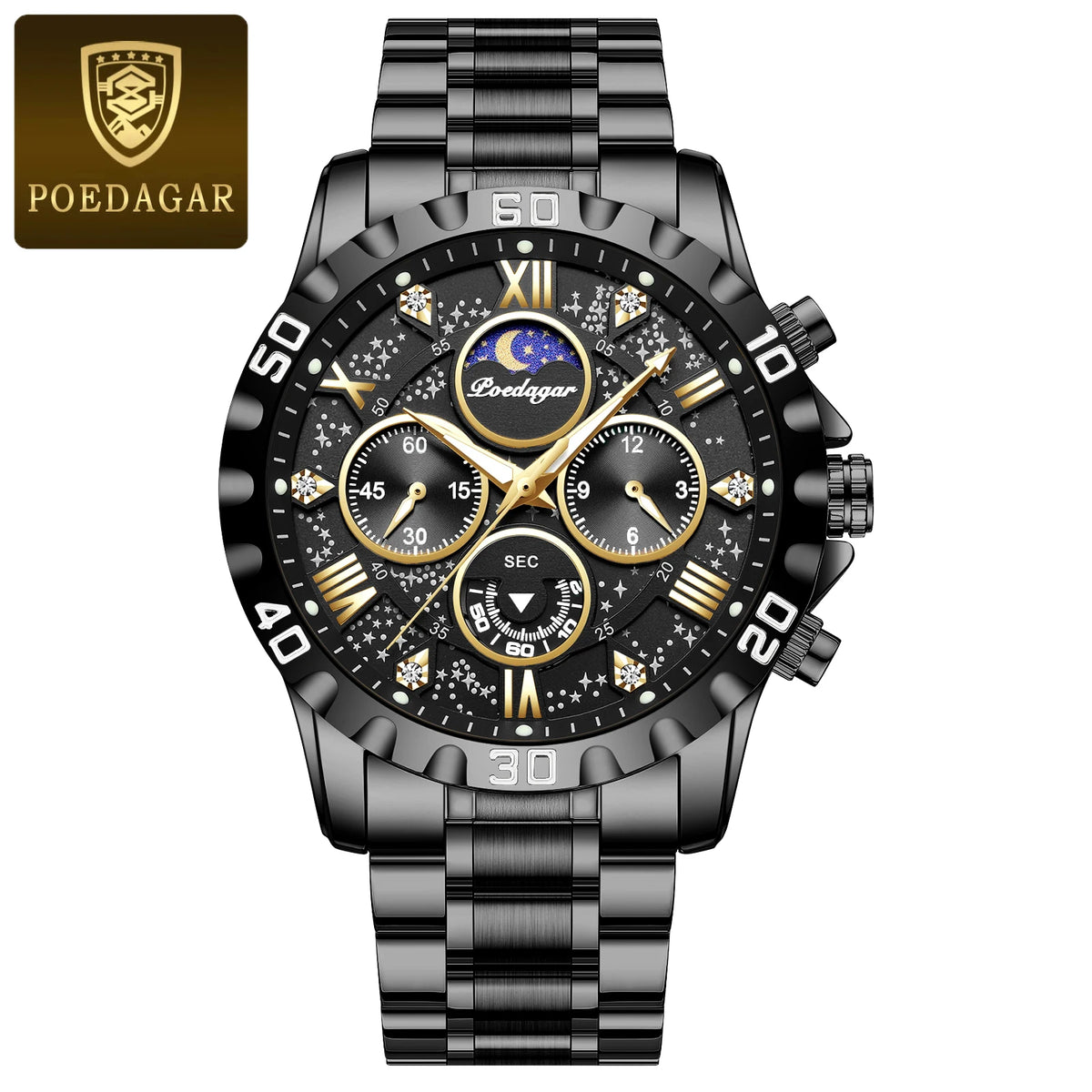 Pánské hodinky POEDAGAR – luxusní chronograf, vodotěsné a luminiscenční, z nerezové oceli, ve sportovním a vojenském stylu, s quartzovým strojkem