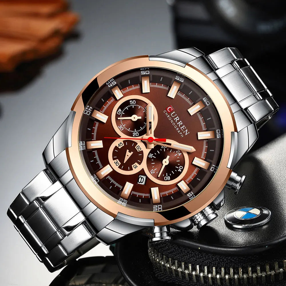 CURREN férfi kronográf óra, 48 mm-es nagy számlap, rozsdamentes acél karkötő, három kis számlap, kvarc sportkaróra, luxus stílus