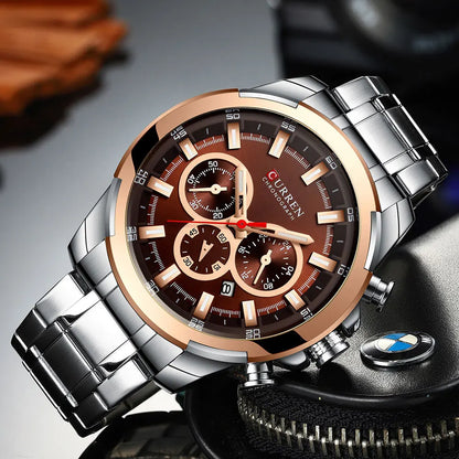 CURREN férfi kronográf óra, 48 mm-es nagy számlap, rozsdamentes acél karkötő, három kis számlap, kvarc sportkaróra, luxus stílus