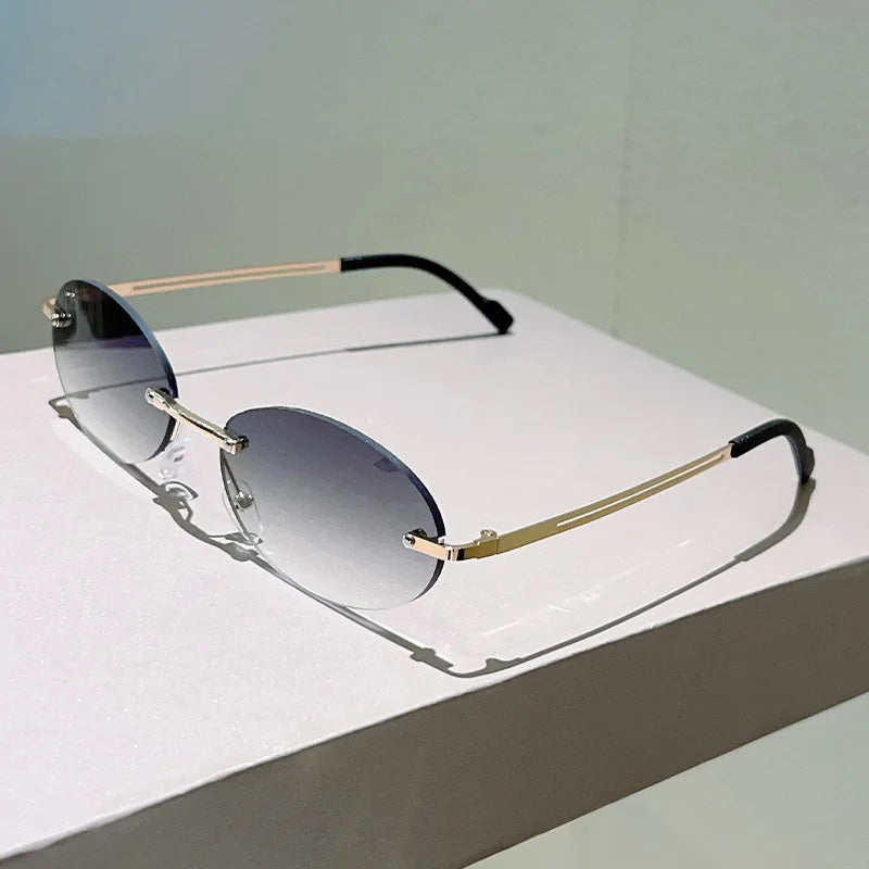 Rimless Oval Sunglasses Women 2026 Luxury Brand Vintage Small Frame Gold Metal Gradient Lens Y2K Punk Streetwear Fashion Eyewear
