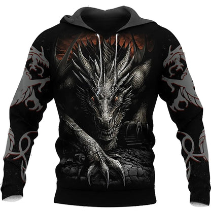 Sweatshirt com capuz para homem, unissexo, de manga comprida, outono/inverno, com estampado 3D de dragão e estilo tatuagem, pullover streetwear casual tipo fato de treino