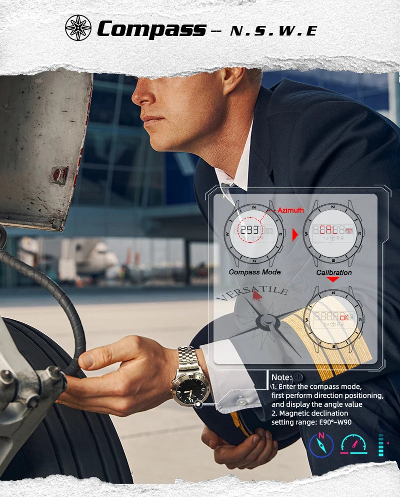 NORTH EDGE digitale Sportuhr für Herren, luxuriöse Business-Uhr für Herren, wasserdicht bis 50M, mit Höhenmesser, Barometer, Kompass und Leuchtanzeige