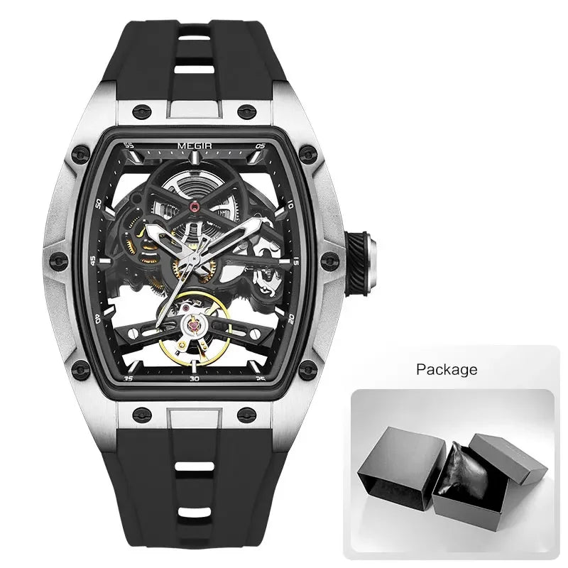 Relógio de pulso automático MEGIR para homem, com bracelete em silicone preto, impermeável, luminoso, desportivo e mecânico, com mostrador tonneau 2242