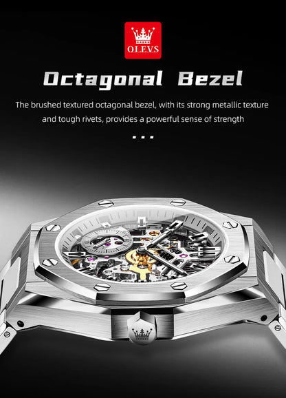 OLEVS Watches Luxury Man High Quality Original Fully Skeleton Automatic Mechanical Watch Stainless Steel Men Watches Gifts Box