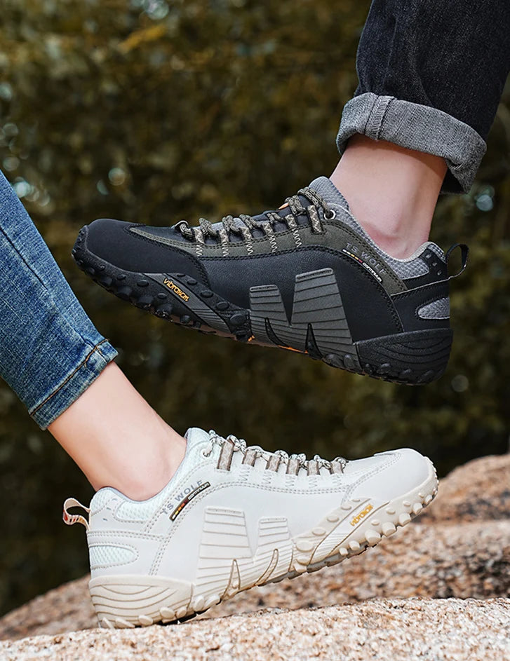 Sapatos de montanhismo para homem em couro genuíno, calçado desportivo outdoor antiderrapante, sapatos de montanhismo e caminhada respiráveis para turismo