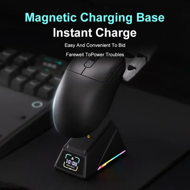 Ratón gaming inalámbrico Ajazz AJ179 APEX con base con pantalla a color, Bluetooth, PAW3395, batería de 400mAh, frecuencia de actualización de 8000Hz