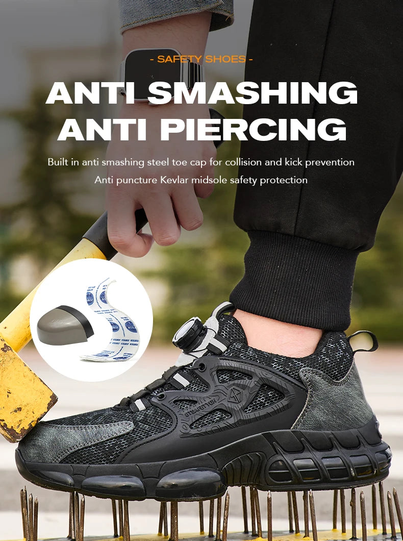 Zapatos de seguridad laboral para hombre talla 47 48 con diseño reflectante, puntera de acero, botón de rotación, zapatillas de trabajo y botas de seguridad protectoras