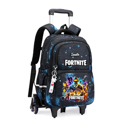 Mochila com Rodas Fortnite Anime, Impermeável, de Grande Capacidade, para Estudante — Saco Escolar Casual de Viagem com Carrinho e Subida Fácil de Escadas