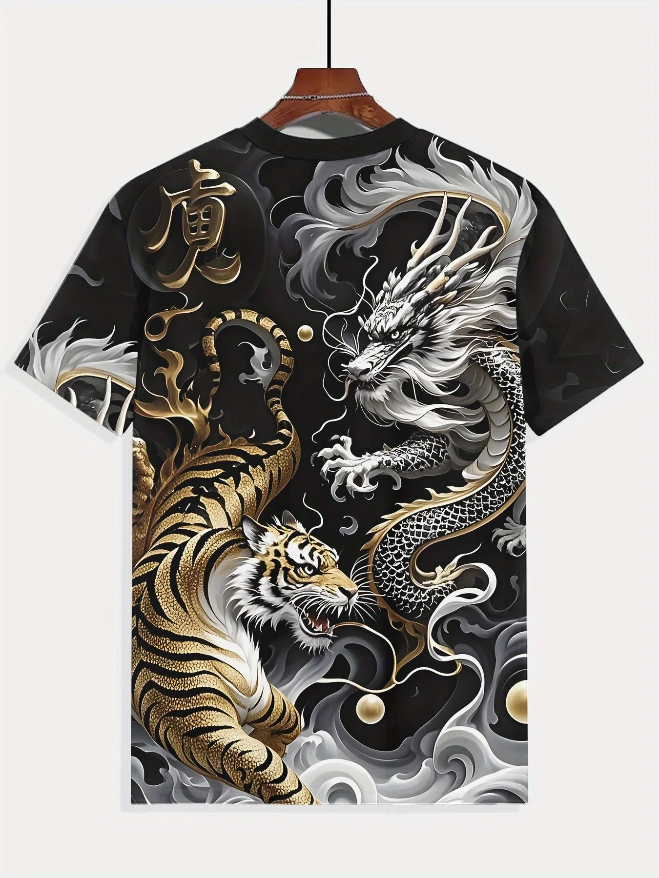 Herren-Sommer-T-Shirt mit Grafikprint, Drachen- & Tigerduell-Design, lässiges Kurzarm-T-Shirt, Mode 2025, lässiges O-Neck-Shirt