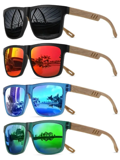 4PCS Wood Grain Spring Hinge Sunglasses - Classic Retro Square Frame, UV400 Unisex Comfort Fit for Daily Casual Wear