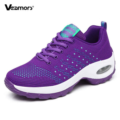 Ténis de moda para mulher, leves, para corrida, para desportos ao ar livre, em malha respirável, confortáveis, com almofada de ar e com atacadores