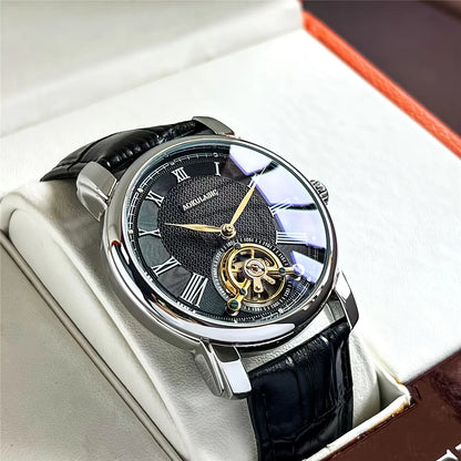 Relógio mecânico automático para homem – Design esqueleto elegante, estilo «business casual» na moda, caixa em liga metálica e bracelete em pele, sem pilha