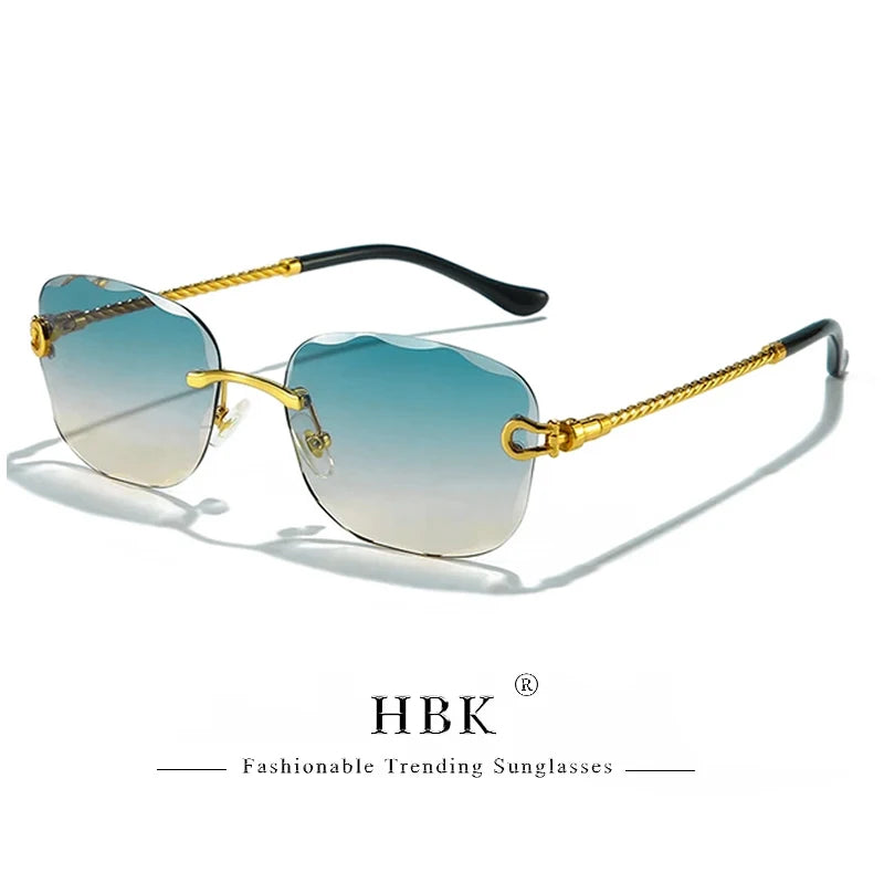 HBK Frameless Metal Sunglasses Men Wave Cutting Sun Glasses for Women Travel Shopping Shades Eyeglass UV400 Summer Style