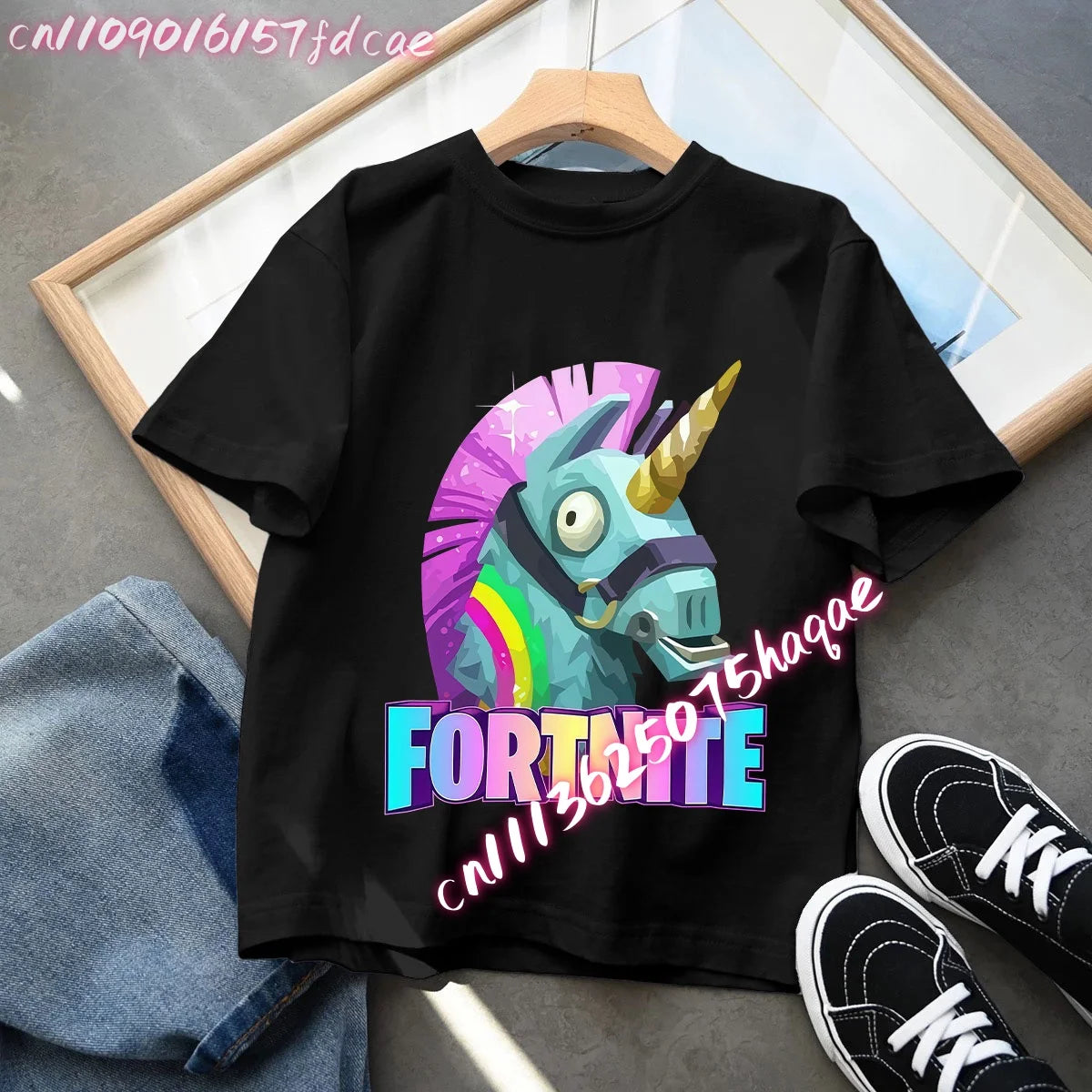 T-shirt preta em algodão para criança Fortnites Fortress Night, manga curta, estilo cartoon, para menino e menina, roupa de verão kawaii, top para oferta