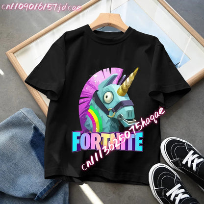 T-shirt preta em algodão para criança Fortnites Fortress Night, manga curta, estilo cartoon, para menino e menina, roupa de verão kawaii, top para oferta
